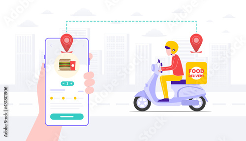 Fast food delivery app and delivery man. suitable for user interface, ui, ux, web, mobile, banner and infographic.