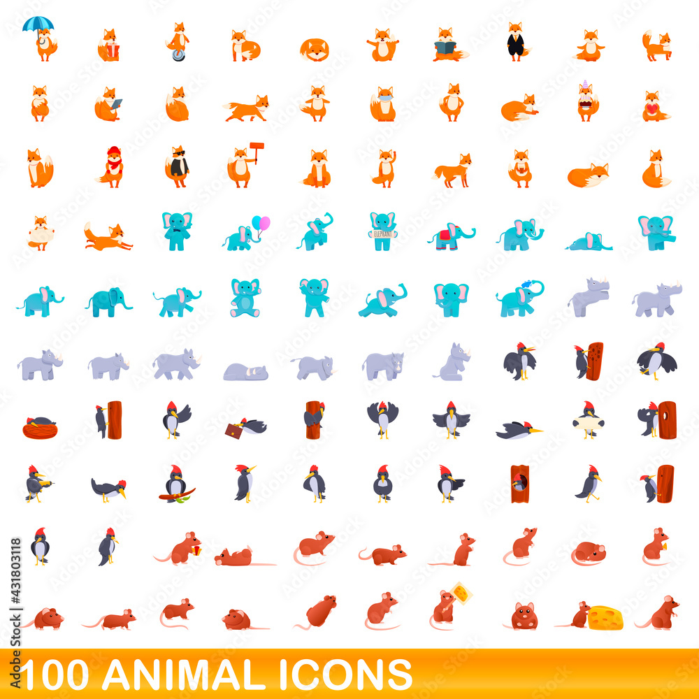 100 animal icons set. Cartoon illustration of 100 animal icons vector set isolated on white background