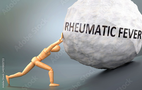 Rheumatic fever and painful human condition, pictured as a wooden human figure pushing heavy weight to show how hard it can be to deal with Rheumatic fever in human life, 3d illustration