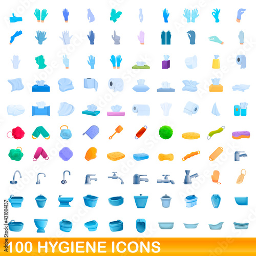 100 hygiene icons set. Cartoon illustration of 100 hygiene icons vector set isolated on white background