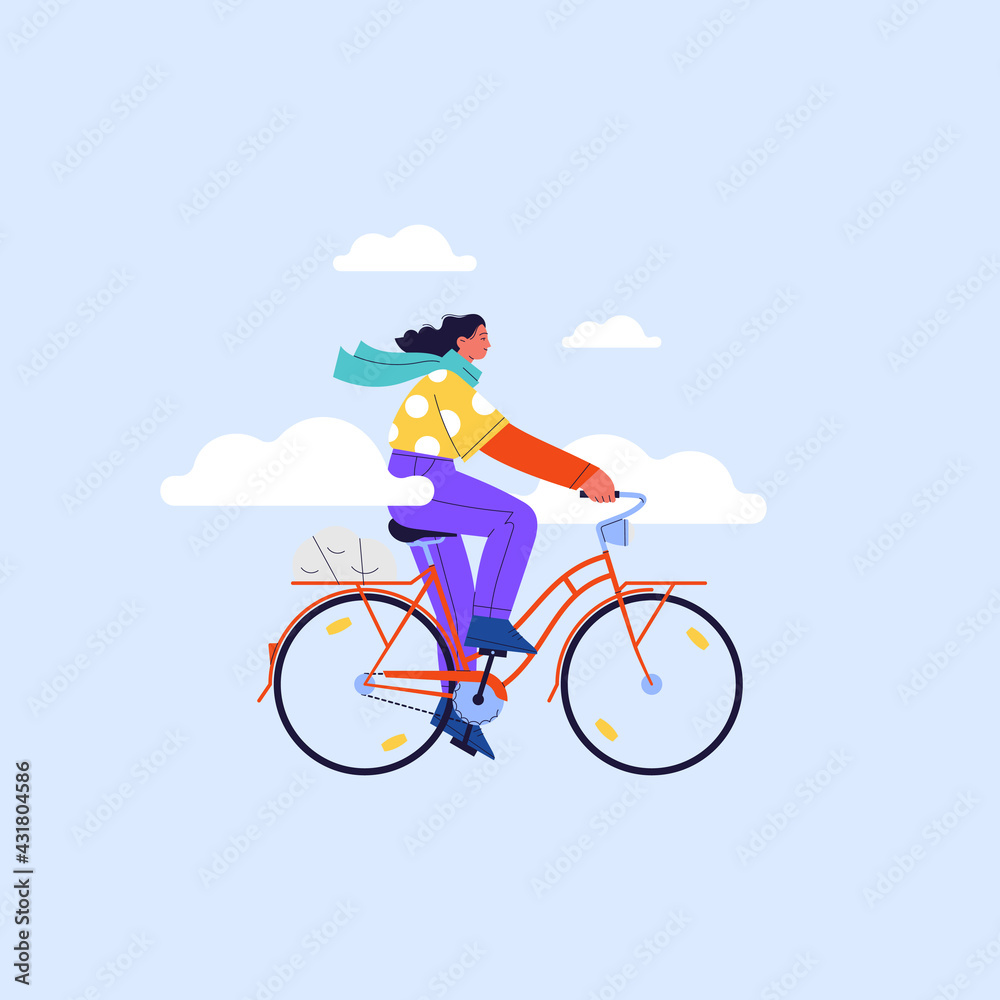 Obraz premium Flat illustration of a girl wearing polka dot shirt riding red vintage city bicycle with blue sky and clouds on the background
