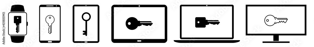 Display key, keys, house, lock, door, unlock, password Icon Devices Set | Web Screen secure, security, safe, safety Device Online | Laptop Vector | Mobile | PC Computer Sign Isolated