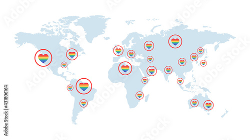 World map covered by rainbow hearts vector flat illustration. Colorful continents and countries. LGBTQ, pacifism, peace, and love. Multicolored map for diversity, equality, and tolerance.