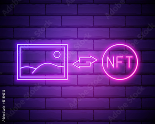 NFT non fungible token glowing neon vector illustration. Digital Art Concept.NFT currency icon isolated on brick wall