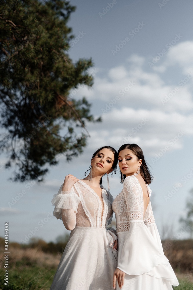 Two beautiful brides in a light dress posing. Boho style. Two beautiful brides in a light dress posing. Boho style.