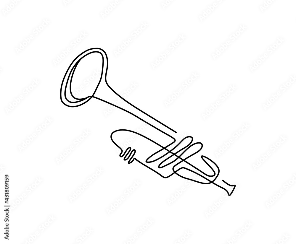 Continuous one line drawing of trumpet music instrument. simple monoline vector design. - obrazy, fototapety, plakaty 