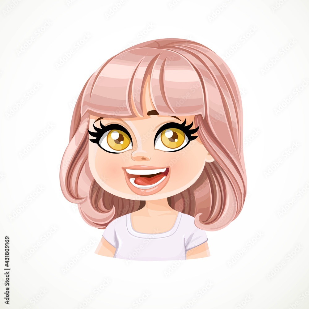 Beautiful touched cartoon girl with powdery pink bob haircut with bangs portrait isolated on white background Beautiful touched cartoon girl with powdery pink bob haircut with bangs portrait isolated on white background
