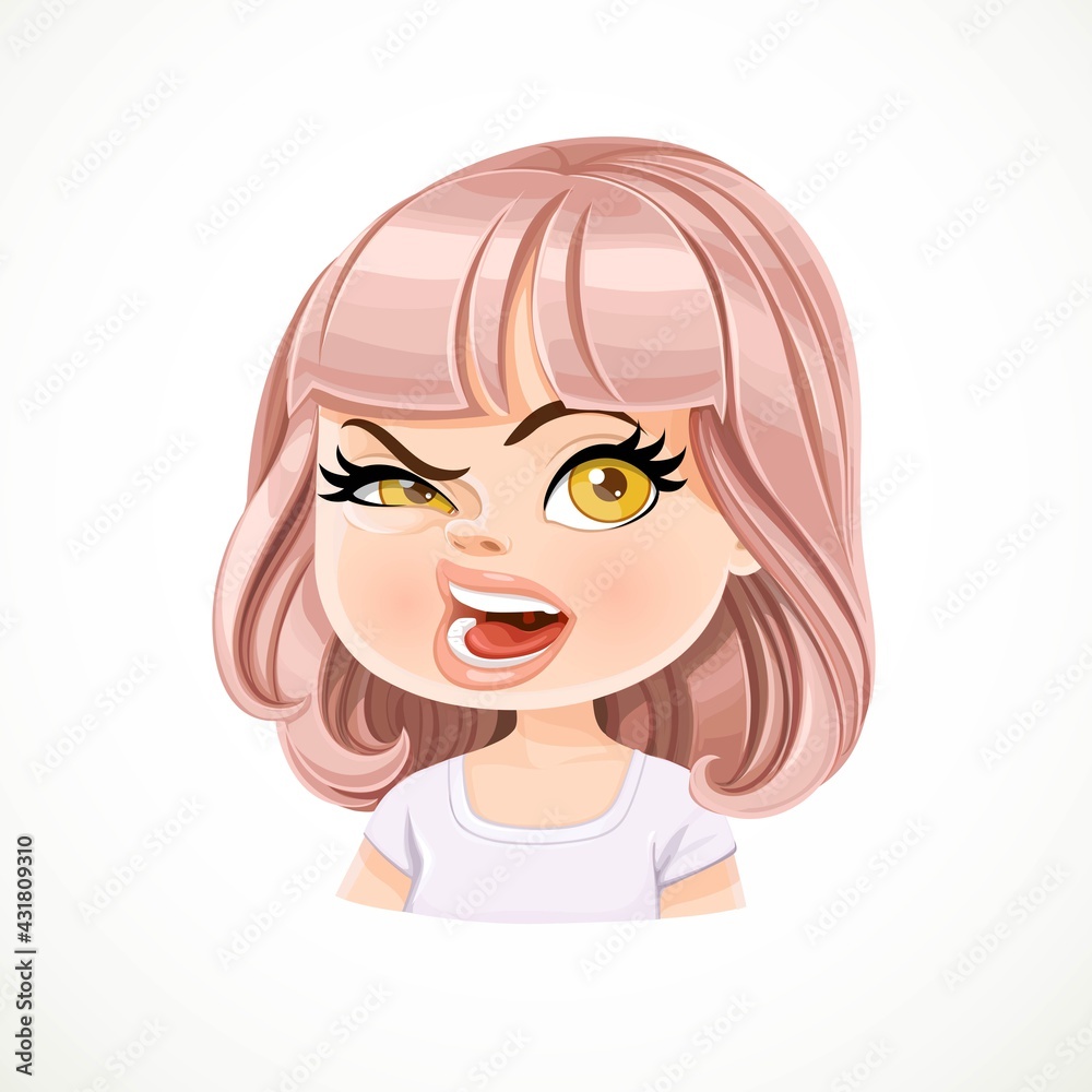 Beautiful aggressive cartoon girl with powdery pink bob haircut with bangs portrait isolated on white background