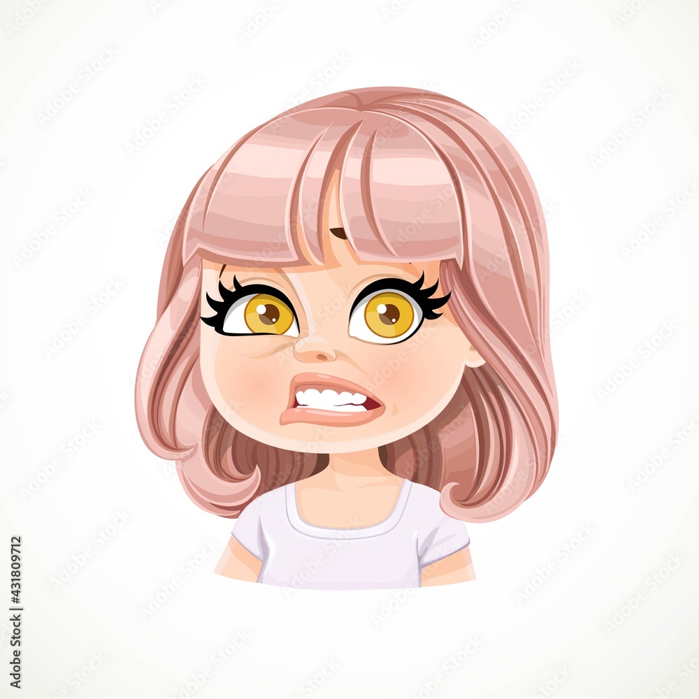 Beautiful shocked cartoon girl with powdery pink bob haircut with bangs portrait isolated on white background Beautiful shocked cartoon girl with powdery pink bob haircut with bangs portrait isolated on white background