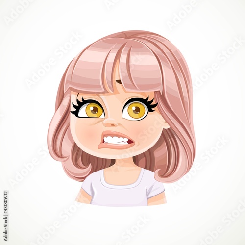 Beautiful shocked cartoon girl with powdery pink bob haircut with bangs portrait isolated on white background