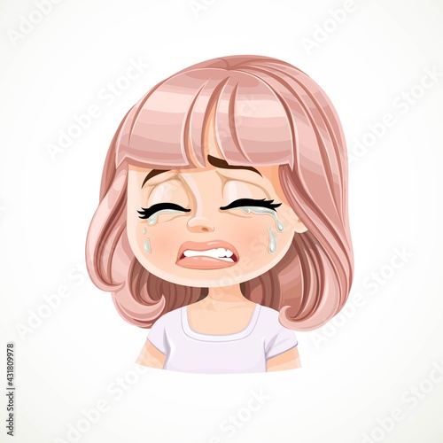 Beautiful inconsolably crying cartoon girl with powdery pink bob haircut with bangs portrait isolated on white background