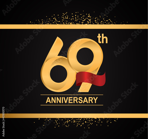 69 years anniversary logotype with premium gold color and red ribbon with glitter background isolated on black background. vector for template party and company celebration