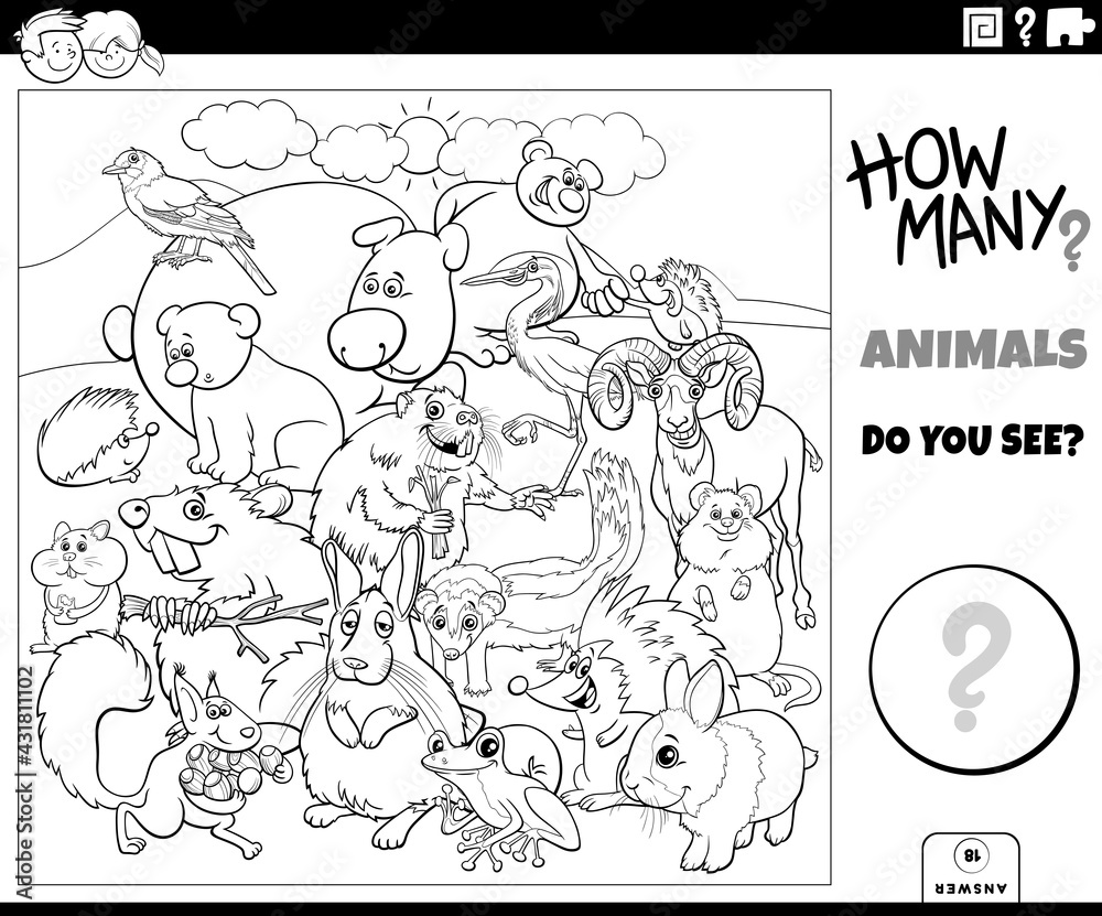 counting animals educational game for kids coloring book page