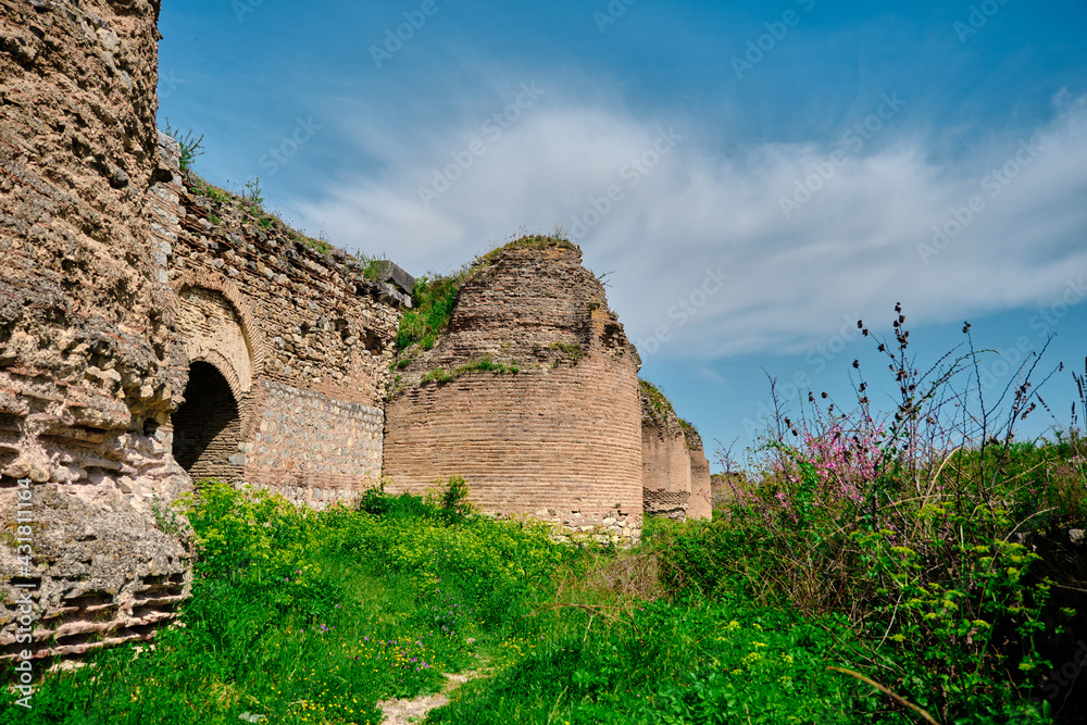 Old and ancient city wall in nicaea (iznik Bursa) established by Byzantium with ruin and stones graves with many green grass and yellow flowers during sunny day and small pathway along the huge grass.