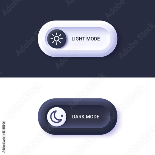 Day night switch - dark mode, light mode switch button. Mobile app interface design concept. 3d vector illustration.