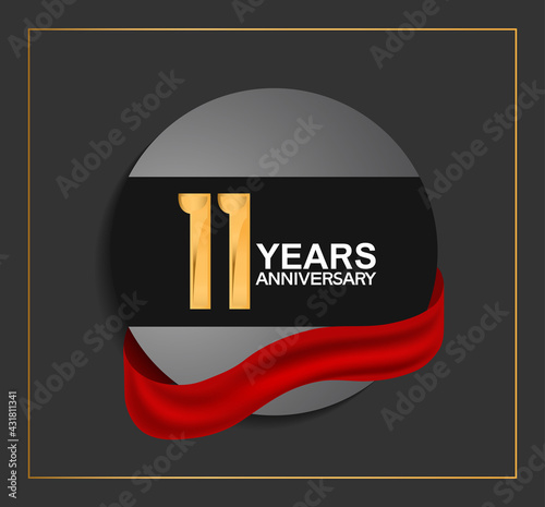 11 years anniversary logotype with golden color and red ribbon on black circle with glitter background isolated on black background. vector for template party and company celebration