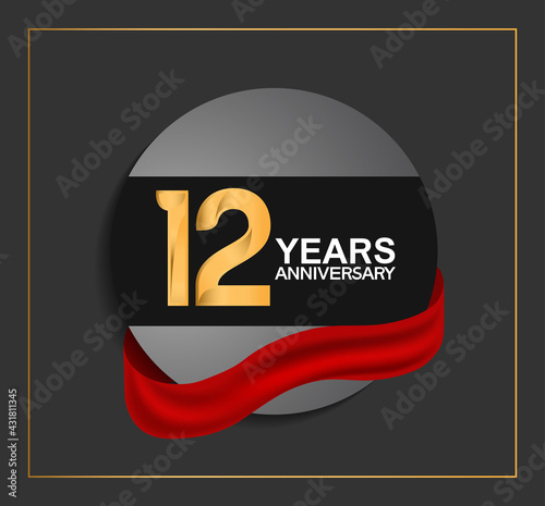 12 years anniversary logotype with golden color and red ribbon on black circle with glitter background isolated on black background. vector for template party and company celebration