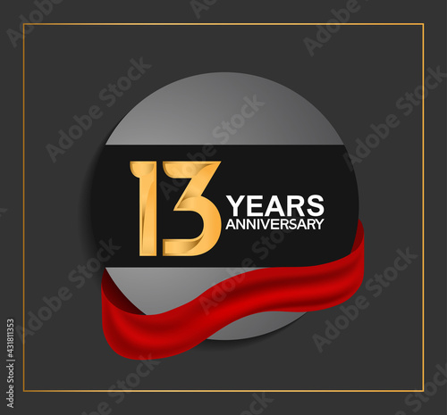 13 years anniversary logotype with golden color and red ribbon on black circle with glitter background isolated on black background. vector for template party and company celebration