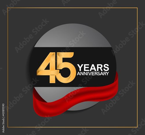 45 years anniversary logotype with golden color and red ribbon on black circle with glitter background isolated on black background. vector for template party and company celebration