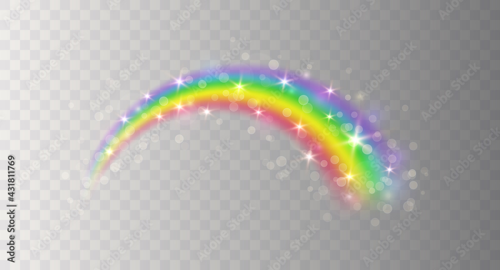 Rainbow icon with glitter and shiny stars isolated on transparent background. Spectrum fantasy arch pattern. Vector magic colourful translucent sky element template