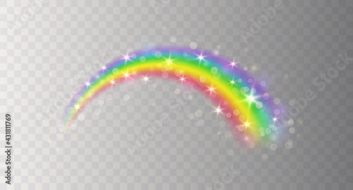 Rainbow icon with glitter and shiny stars isolated on transparent background. Spectrum fantasy arch pattern. Vector magic colourful translucent sky element template