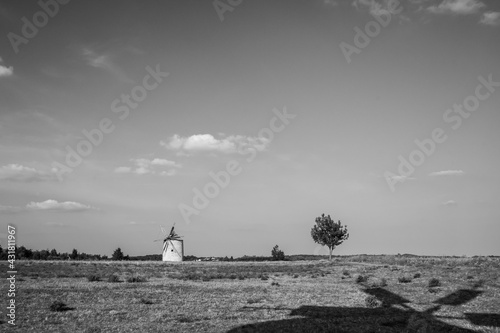 lonely windmill in the Hungarian wilderness, Black and white picture about a windmill of Tés