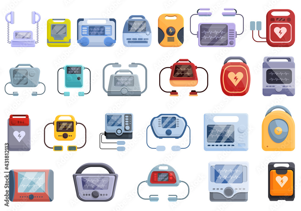 Defibrillator icons set. Cartoon set of defibrillator vector icons for web design - obrazy, fototapety, plakaty 