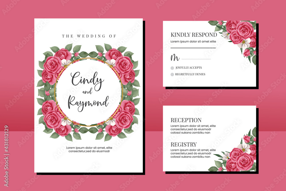Wedding invitation frame set, floral watercolor hand drawn Red Rose Flower design Invitation Card Template