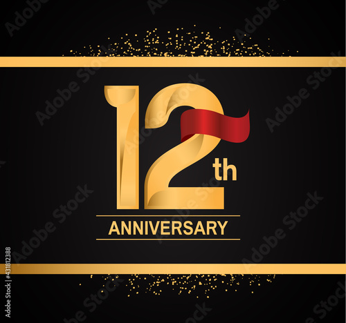 12 years anniversary logotype with premium gold color and red ribbon with glitter background isolated on black background. can be use for celebration and party