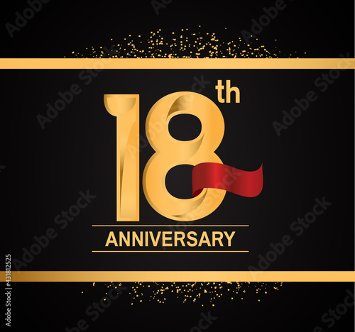 18 years anniversary logotype with premium gold color and red ribbon with glitter background isolated on black background. can be use for celebration and party