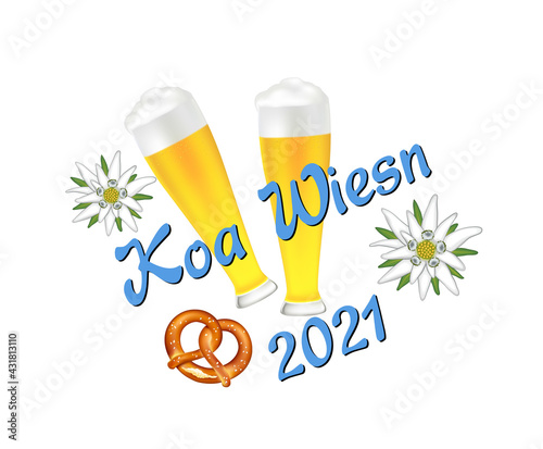 „Koa Wiesn 2021“ Oktoberfest fällt aus Plakat mit
Bier, Brezel und Edelweiss, 
Vektor Illustration isoliert auf weißem Hintergrund
