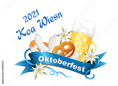 Oktoberfest Karte „2021 Koa Wiesn“ mit Banderole, Edelweiß, Bier, Weißwurst u. Brezel
Oktoberfest Hintergrund mit Banderole
Vektor Illustration isoliert auf weißem Hintergrund
