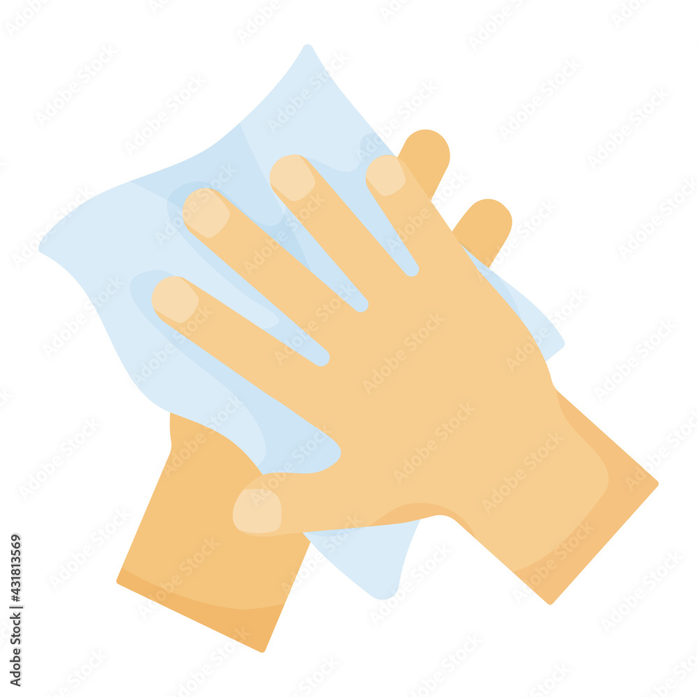 Hygiene. Wipe hands with towel. Disinfection. Vector illustration isolated on white background