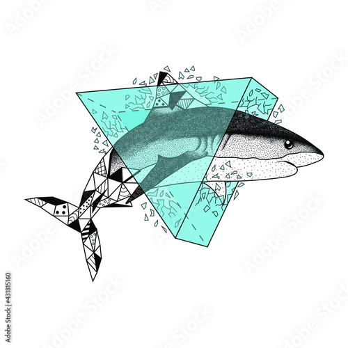 Tiburón con líneas geométricas deformándose. Estilo puntillismo