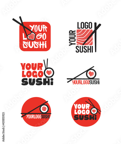 Vector set of sushi logos with salmon sushi. Japanese food cafe
