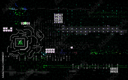 Glitch interface. Futuristic distortion with random elements. Distorted graphic data. Digital video error. Abstract technology concept. Broken system effect. Vector illustration