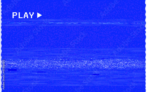 Glitch vhs play. Retro video template. Old camera tape. Vintage playback with white distortion. No signal effect. Analog TV concept. Vector illustration