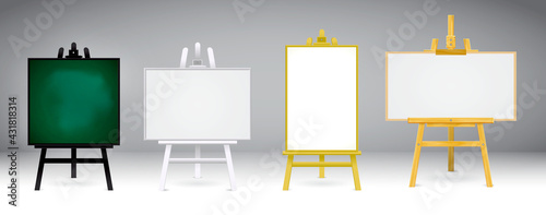 set of realistic wooden easel or wood easels painting or art boards canvas in different size dimension vertical and horizontal or mock up canvas painting concept. eps vector