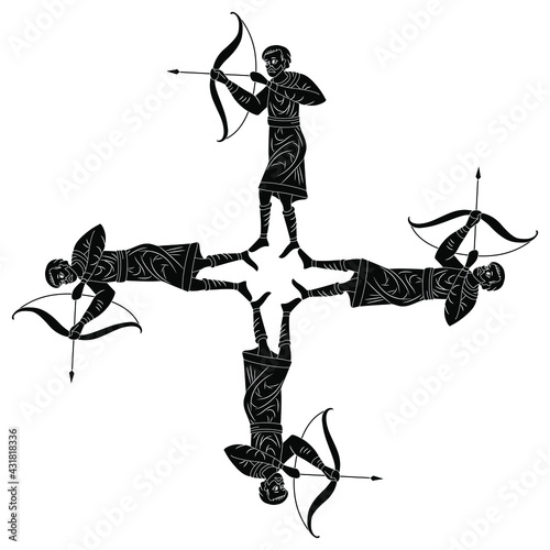 Cross made of four shooting medieval archer men with bows and arrows. Black and white silhouette. Creative concept.
