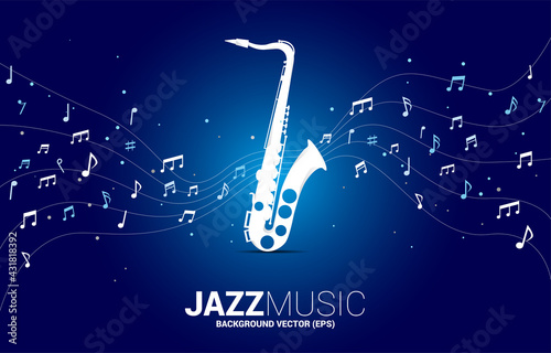 Vector music melody note dancing flow from saxophone . Concept background for jazz song and concert theme.