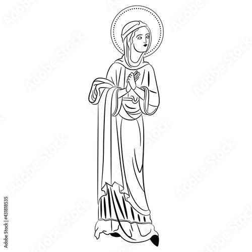 Standing beautiful young woman with nimbus. Medieval female Christian saint lady in long dress. Holy praying lady with folded hands. Black and white linear silhouette.