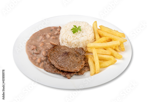 Beef, rice, beans and french fries. Typical brazilian executive dish isolated over white background