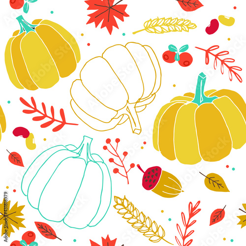 Autumn season seamless pattern with pumpkins, autumn leaves, cranberries and acorns.