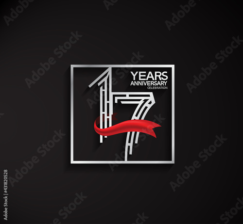17 years anniversary logotype with square silver color and red ribbon. vector can be use for party, company special event and celebration moment