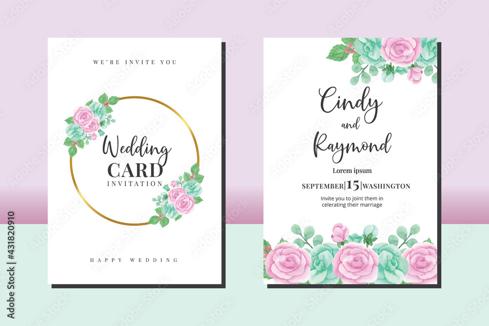 Wedding invitation frame set, floral watercolor hand drawn Rose Flower design Invitation Card Template