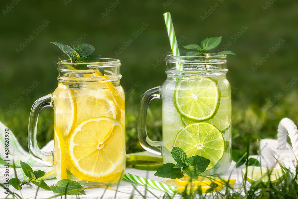 Fototapeta premium Cold refreshing homemade lemonade with mint, lemon and lime in mason jars on a summer lawn