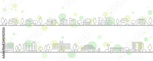 モダンな住宅のある街並みのイラスト（新緑）