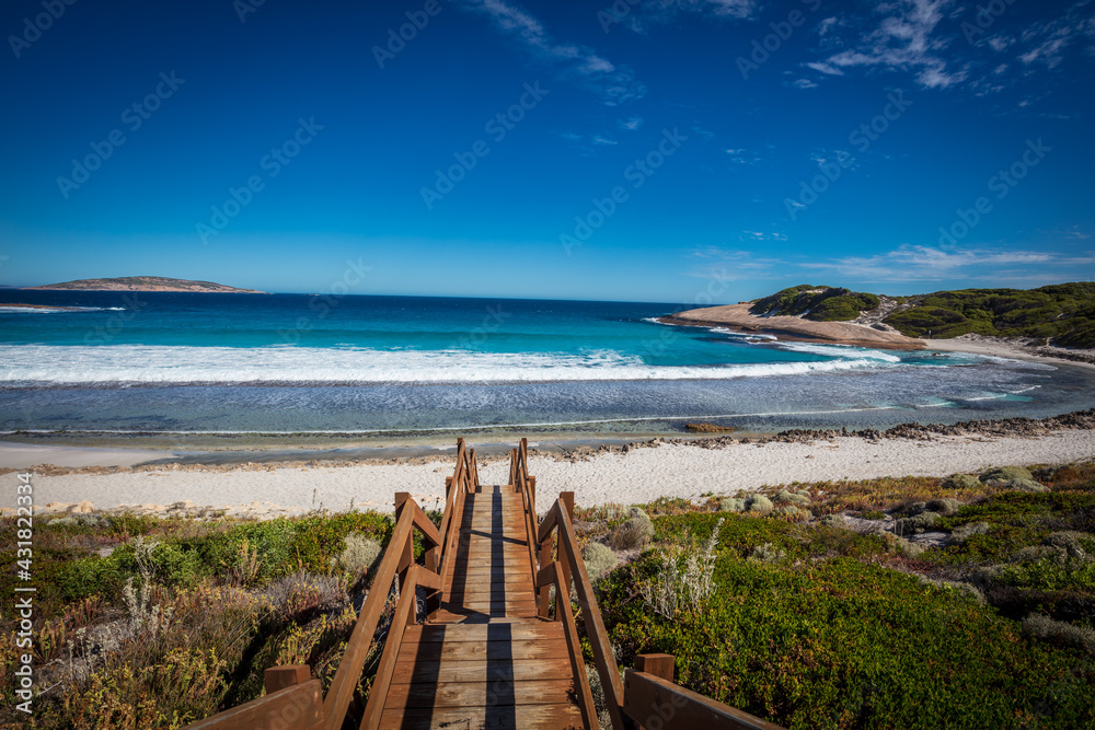 Landscape view of Blue Haven Beach near Esperance in Western Australia under a bright clear blue sky. Landscape view of Blue Haven Beach near Esperance in Western Australia under a bright clear blue sky.