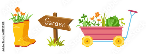 Garden tool flat cartoon set. Garden cart, flowers sprout in rubber boots, wooden arrow pointer. Work equipment Rural gardening Construction equipment collection. Hand drawn garden vector illustration