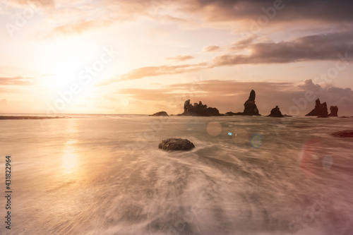 View of a scenic landscape at the Ocean Coast. Taken at Shi Shi Beach in Neah Bay, West of Seattle, Washington, United States of America. Colorful Sky Art Render